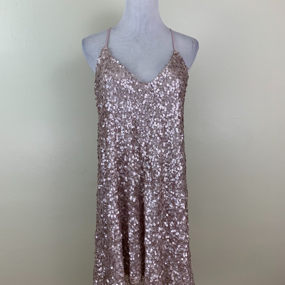 NSR Light Pink w Pink/Silver'ish Sequins Strappy Back Loose Fit High Low Dress - Picture 5 of 9